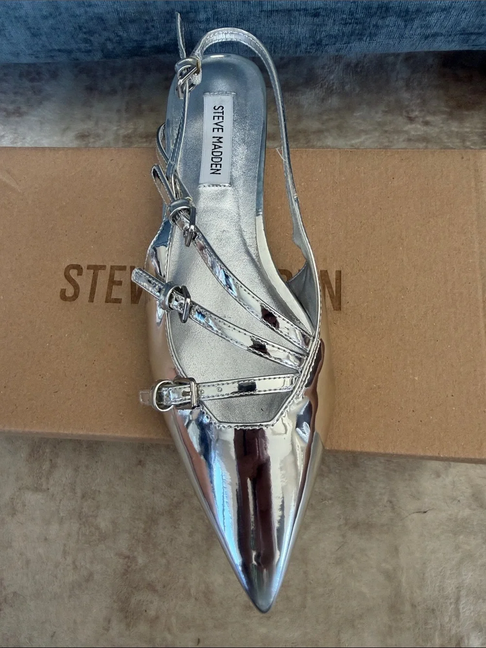 Steve Madden Peony Metallic Silver Pointed Slingback Flats with Strappy Buckle